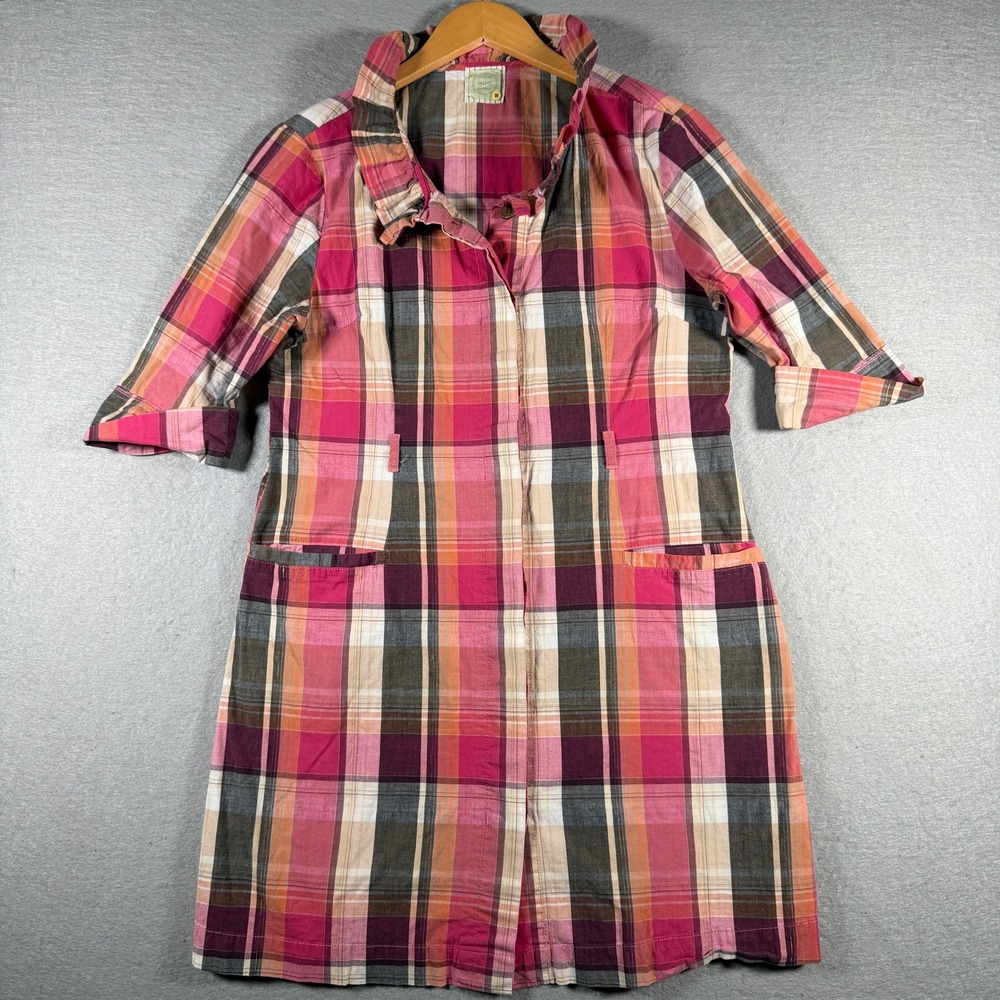 Little Yellow Button Pink Orange Plaid Ruffle‎ Collar Cotton Shirt Dress Pockets